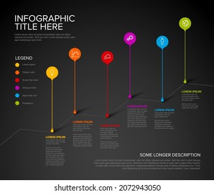 Colorful vector infographic timeline report template with  droplet bubbles pins on simple stairs - dark version with six fresh color pins on black background