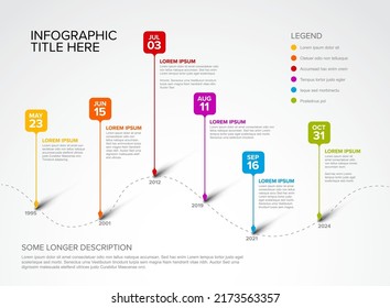 Colorful vector infographic timeline report template with six square droplet bubbles pins on simple curved timeline - light version with six pins