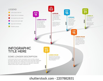 Colorful vector infographic timeline report template with six square droplet bubbles pins on simple curved road timeline - light version with six pins