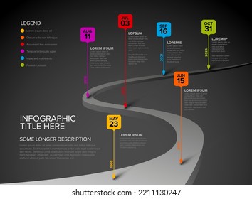 Colorful vector infographic timeline report template with six square droplet bubbles pins on simple curved road timeline - dark version with six pins