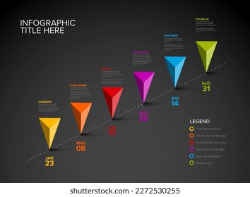 Colorful vector infographic timeline report template with six triangle pyramid arrows pointer pins on simple dotted diagonal timeline - dark version with six pins