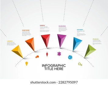 Plantilla de informe de escala de tiempo infográfica de vector colorido con seis puntas de puntero de flechas de piramide triángulo en una línea de tiempo de círculo simple con puntos - versión de luz con seis pines