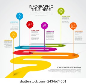 Colorful vector infographic timeline report template with six circle droplet bubbles pins on simple curved road timeline - light version with six pins title and infographic description