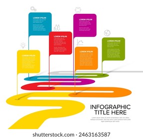 Plantilla de informe de línea de tiempo de infografía de Vector colorido con seis pernos de burbuja cuadrados en línea de tiempo de carretera curvada simple - versión ligera con seis pernos título y descripción infográfica