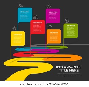 Plantilla de informe de línea de tiempo de infografía de Vector colorido con seis pines de burbuja cuadrados en línea de tiempo de carretera curvada simple - versión oscura con título de seis pines y descripción de la infografía