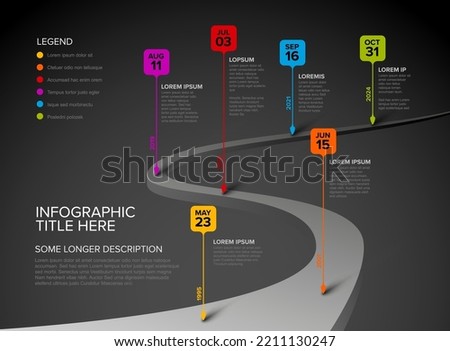 Colorful vector infographic timeline report template with six square droplet bubbles pins on simple curved road timeline - dark version with six pins