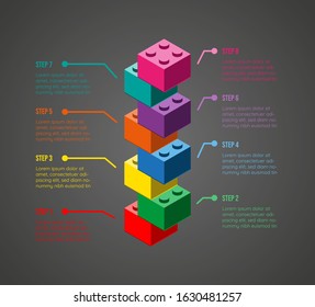 A colorful vector infographic with toy building blocks on gray background. Eight step infographic.