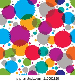 Colorful vector ink splash seamless pattern with rounded overlap circles, bright graphic art repeat backdrop with overlap acrylic spots, scanned and traced.