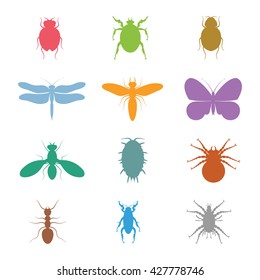 Colorful vector insects collection. Biology, of course, isolated on white background. Vector icons. Flying and crawling insects micro view vector. Bugs silhouette.