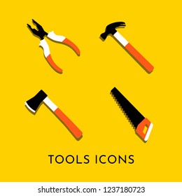 Colorful vector isolated icons of hammer, nail puller, axe, saw, pliers. Home repair and work tool sign symbol. Flat design. Yellow background