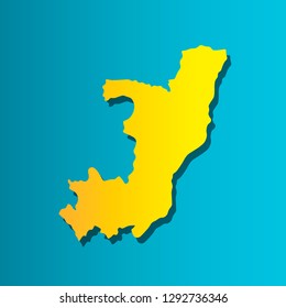 Colorful vector isolated illustration icon of political map African state - Republic of the Congo. Yellow (orange) silhouette with shadow. Blue background