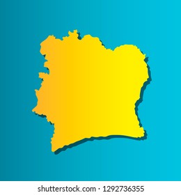 Colorful vector isolated illustration icon of political map African state - Republic of Côte d'Ivoire (Ivory Coast). Yellow (orange) silhouette with shadow. Blue background