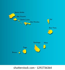 Colorful vector isolated illustration icon of political map African state - Republic of Cabo Verde. Yellow (orange) silhouette with shadow. Blue background