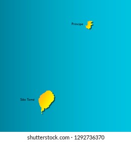 Colorful vector isolated illustration icon of political map African state - Democratic Republic of
São Tomé and Príncipe. Yellow (orange) silhouette with shadow. Blue background