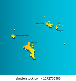 Colorful vector isolated illustration icon of political map African state - Republic of Seychelles. Yellow (orange) silhouette with shadow. Blue background