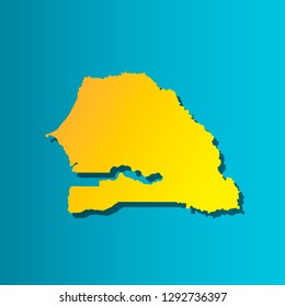 Colorful vector isolated illustration icon of political map African state - Republic of Senegal. Yellow (orange) silhouette with shadow. Blue background