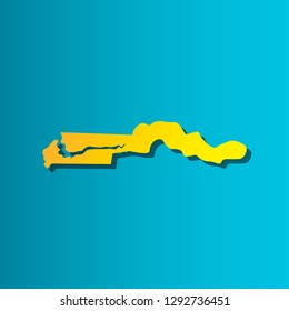 Colorful vector isolated illustration icon of political map African state - Republic of The Gambia. Yellow (orange) silhouette with shadow. Blue background
