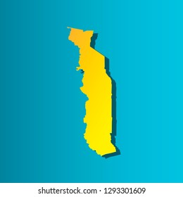 Colorful vector isolated illustration icon of political map African state - Togolese Republic (Togo). Yellow (orange) silhouette with shadow. Blue background