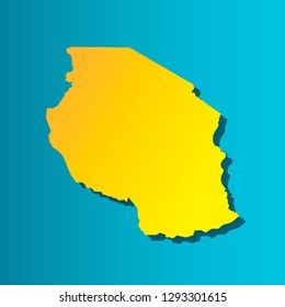Colorful vector isolated illustration icon of political map African state - United Republic of Tanzania. Yellow (orange) silhouette with shadow. Blue background