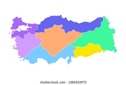 Colorful vector isolated simplified map of Turkey regions. Borders of administrative divisions. White background