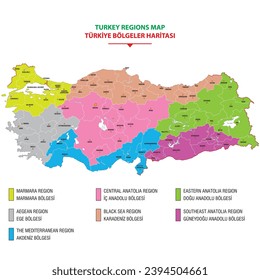 Colorful vector isolated simplified map of Turkey regions. Borders of administrative divisions. White background