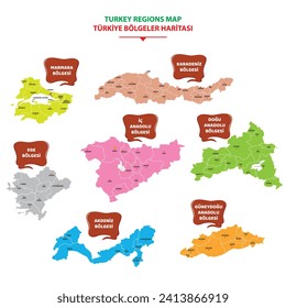 Colorful vector isolated simplified map of Turkey regions. Borders of administrative divisions. White background