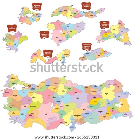 Colorful vector isolated simplified map of Turkey regions. Borders of administrative divisions. White background