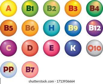 Colorful vector isolated vitamin complex with glossy balls for infographics, science articles, medicine and health magazines. Vitamins icons vector set.
