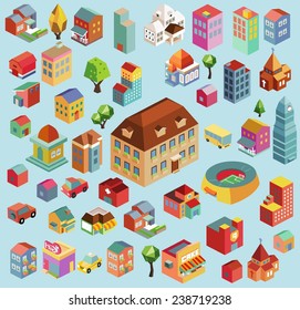 Colorful vector isometric city and buildings collection