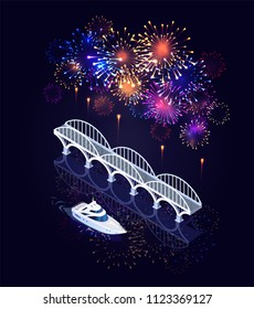 Colorful Vector Isometric Fireworks Celebration On The River