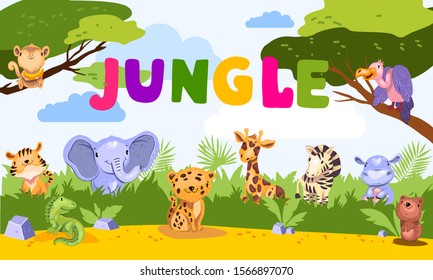 Colorful Vector Jungle Background With Wild Animals, Bushes And Trees. Cute Tropical Concept For Learning Materials, Nursery Posters, Games, Kids’ Rooms Décor.