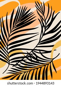 Colorful vector jungle tropical exotic floral summer African background pattern with palm leaves.Black leaf plant silhouette. Poster. Flaer. T shirt fashion art print design.Orange Yellow White Colors