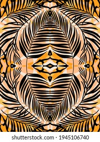 Colorful vector jungle tropical exotic floral summer African background pattern with palm leaves.Black leaf plant silhouette. Poster.T shirt tribal fashion art print design.Orange Yellow White Colors
