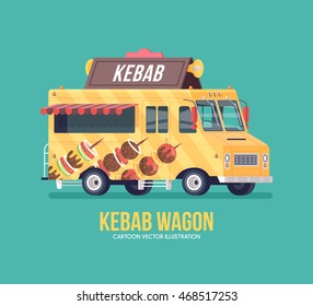 Colorful vector kebab truck. Street cuisine. Barbecue, fried and smoked meat. Food truck. Modern flat illustration.