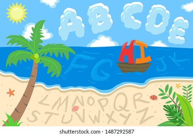 Colorful Vector Kiddie Illustration of a Sandy Beach with Sea Shells, Star Fish, Coconut Tree and Tropical Plants near a Blue Sea with a Sailing Boat below a Sky with Sun and Clouds of Alphabet