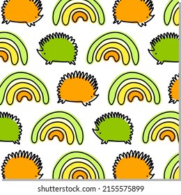 Colorful vector kids pattern with rainbows and hedgehog