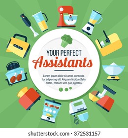 Colorful Vector Kitchen Appliances Poster Template. With Place For Your Text. Flat Style.