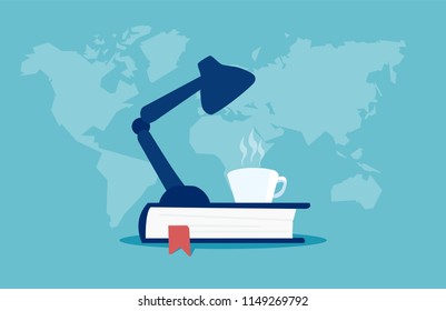 Colorful vector of lamp silhouette on book with cup of coffee against blue background with map of world