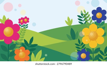 Colorful vector landscape illustration of a bright flower field with rolling green hills, blossoms, and soft bokeh circles.