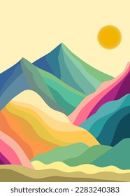 Colorful vector landscape with mountains and fields in the style of minimalism.