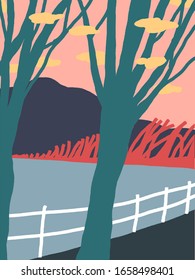 Paisaje vectorial colorido con montañas y árboles. Naturaleza, bellas vistas, viajes.