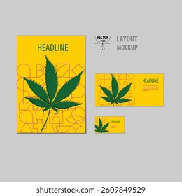 Colorful vector layout mockup with cannabis leaf on geometric yellow background. Includes flyer, banner and business card design. EPS format.