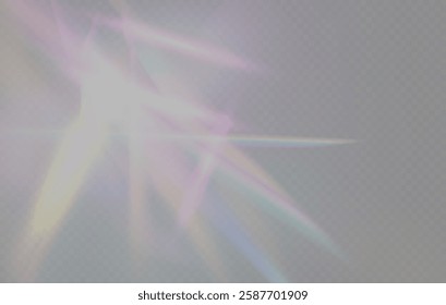Colorful vector lenses and light flares with transparent effects. Iridescent crystal leak glare reflection effect. Optical rainbow lights, glare, leak, streak overlay. vector falling confetti.