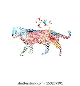 Colorful vector leopard background with hummingbirds.