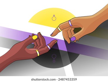 Colorful vector for LGBT pride. Hands of two non-binary people reaching each other with rings. Love and friendship in the LGBTQIAPN+ community. NB flag, symbols and halftone elements in the background