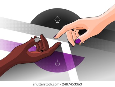 Bunte Vektorgrafik für LGBT-Stolz. Hände von zwei asexuellen Menschen, die sich erreichen. Schwarzer Ring. Liebe und Freundschaft in der LGBTQIAPN+ Community. Ace-Flag, Symbole und Halbton-Elemente im Hintergrund.