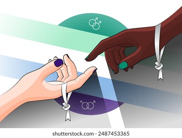 Colorful vector for LGBT pride. Hands of two gay people reaching each other. White knot. Love and friendship in the LGBTQIAPN+ community. Gay men flag, symbols and halftone elements in the background.
