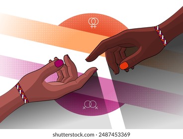 Colorful vector for LGBT pride. Hands of two lesbian people reaching each other. Love and friendship in the LGBTQIAPN+ community. Lesbian flag, symbols and halftone elements in the background.