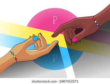 Colorful vector for LGBT pride. Hands of two pansexual people reaching each other. Bracelets. Love and friendship in the LGBTQIAPN+ community. Pan flag, symbols and halftone elements in the background