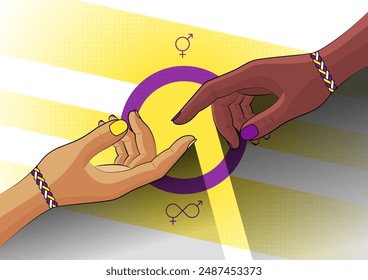 Bunte Vektorgrafik für LGBT-Stolz. Hände von zwei intersexuellen Menschen, die sich erreichen. Liebe und Freundschaft in der LGBTQIAPN+ Community. Intersexuelle Flagge, Symbole und Halbton-Elemente im Hintergrund.